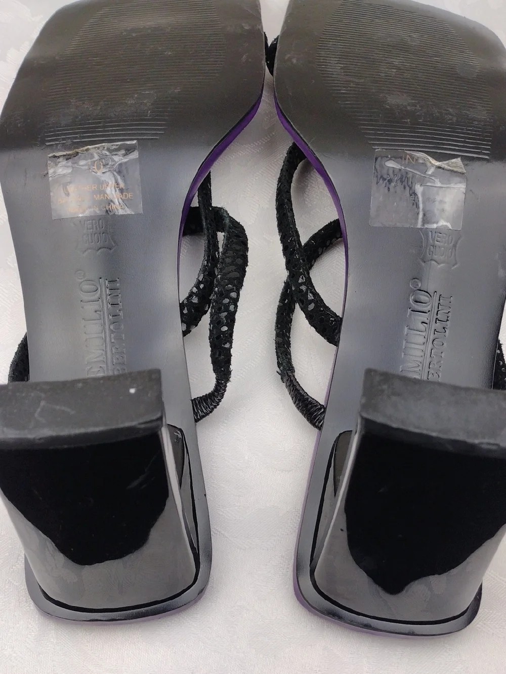 Emilio Bertolini Purple Leather Texture Strappy Square Toe Sculpt Heel Sandal